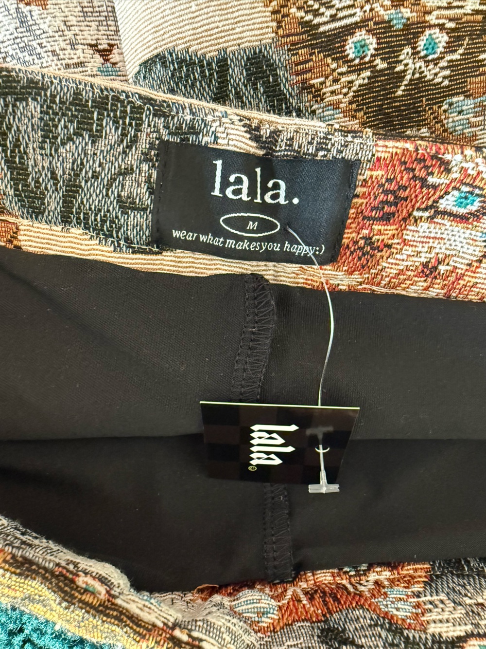 Dressed in LALA Beige Mini Skirt with Multi-Colored Cat Tapestry - Picture 11 of 14